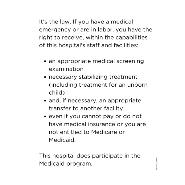 EMTALA  Sign for ER (English)